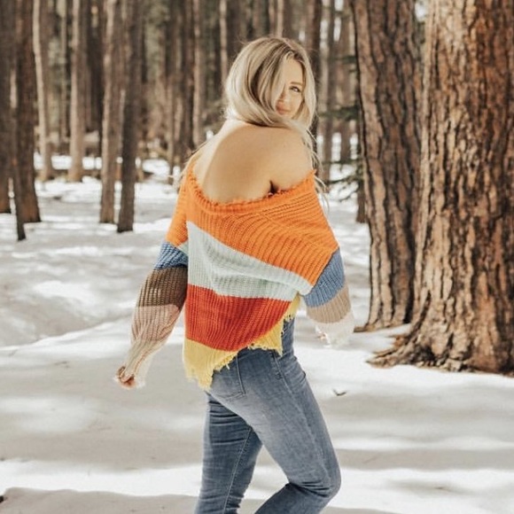 HOST PICK MULTI COLORED STRIPED DISTRESSED SWEATER - Picture 4 of 8